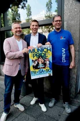 Bernd Mueller Stadtrat Rosa Liste Schirmherr CSD, Oberbuegermeister Muenchen Dominik Krause Alex Kluge, Geschaeftsfuehrer des CSD Muenchen 08.06.2026 CSD-PRESSEKONFERENZ CafÃ Regenbogen zur Aidshilfe zur neuen PrideMeile in der Ludwigstraße, den Buehnenprogrammen und unseren politischen Forderungen in Zeiten zunehmender Queer-Feindlichkeit. Foto Muenchen *** Bernd Mueller City Councillor Rosa Liste Patron CSD, Mayor of Munich Dominik Krause Alex Kluge, Managing Director of CSD Munich 08 06 2026 CSD PRESS CONFERENCE CafÃ Regenbogen on Aidshilfe on the new Pride Mile in Ludwigstraße, the stage programs and our political demands in times of increasing queer hostility Photo Munich
