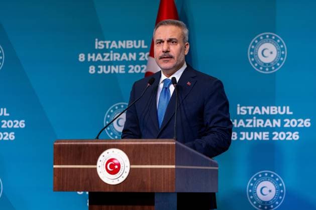 10th Trilateral meeting of the Ministers of Foreign Affairs of Turkiye, Azerbaijan and Georgia ISTANBUL, TURKIYE - JUNE 08: Turkish Foreign Minister Hakan Fidan (seen), Azerbaijani Foreign Minister Jeyhun Bayramov and Georgian Foreign Minister Maka Botchorishvili hold a joint press conference following the 10th Turkiye-Azerbaijan-Georgia Trilateral Meeting of Ministers of Foreign Affairs at Ciragan Palace in Istanbul, Turkiye on June 08, 2026. Murat Gok Anadolu Istanbul Turkey. Editorial use only. Please get in touch for any other usage.  Copyright: x2026xAnadoluxMuratxGokx