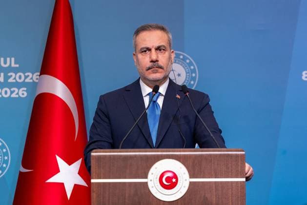10th Trilateral meeting of the Ministers of Foreign Affairs of Turkiye, Azerbaijan and Georgia ISTANBUL, TURKIYE - JUNE 08: Turkish Foreign Minister Hakan Fidan (seen), Azerbaijani Foreign Minister Jeyhun Bayramov and Georgian Foreign Minister Maka Botchorishvili hold a joint press conference following the 10th Turkiye-Azerbaijan-Georgia Trilateral Meeting of Ministers of Foreign Affairs at Ciragan Palace in Istanbul, Turkiye on June 08, 2026. Murat Gok Anadolu Istanbul Turkey. Editorial use only. Please get in touch for any other usage.  Copyright: x2026xAnadoluxMuratxGokx