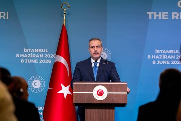 10th Trilateral meeting of the Ministers of Foreign Affairs of Turkiye, Azerbaijan and Georgia ISTANBUL, TURKIYE - JUNE 08: Turkish Foreign Minister Hakan Fidan (seen), Azerbaijani Foreign Minister Jeyhun Bayramov and Georgian Foreign Minister Maka Botchorishvili hold a joint press conference following the 10th Turkiye-Azerbaijan-Georgia Trilateral Meeting of Ministers of Foreign Affairs at Ciragan Palace in Istanbul, Turkiye on June 08, 2026. Murat Gok Anadolu Istanbul Turkey. Editorial use only. Please get in touch for any other usage.  Copyright: x2026xAnadoluxMuratxGokx