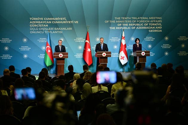 10th Trilateral meeting of the Ministers of Foreign Affairs of Turkiye, Azerbaijan and Georgia ISTANBUL, TURKIYE - JUNE 08: Turkish Foreign Minister Hakan Fidan (C), Azerbaijani Foreign Minister Jeyhun Bayramov (L) and Georgian Foreign Minister Maka Botchorishvili (R) hold a joint press conference following the 10th Turkiye-Azerbaijan-Georgia Trilateral Meeting of Ministers of Foreign Affairs at Ciragan Palace in Istanbul, Turkiye on June 08, 2026. Oguz Yeter Anadolu Istanbul Turkey. Editorial use only. Please get in touch for any other usage.  Copyright: x2026xAnadoluxOguzxYeterx