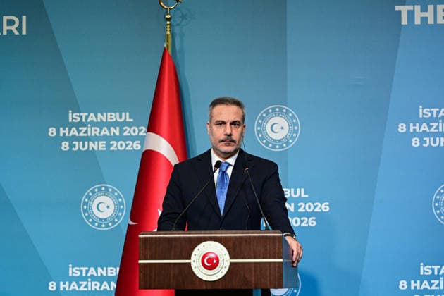 10th Trilateral meeting of the Ministers of Foreign Affairs of Turkiye, Azerbaijan and Georgia ISTANBUL, TURKIYE - JUNE 08: Turkish Foreign Minister Hakan Fidan (seen), Azerbaijani Foreign Minister Jeyhun Bayramov and Georgian Foreign Minister Maka Botchorishvili hold a joint press conference following the 10th Turkiye-Azerbaijan-Georgia Trilateral Meeting of Ministers of Foreign Affairs at Ciragan Palace in Istanbul, Turkiye on June 08, 2026. Oguz Yeter Anadolu Istanbul Turkey. Editorial use only. Please get in touch for any other usage.  Copyright: x2026xAnadoluxOguzxYeterx