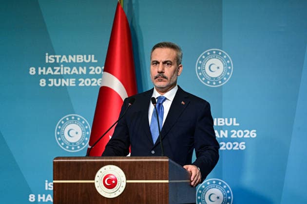 10th Trilateral meeting of the Ministers of Foreign Affairs of Turkiye, Azerbaijan and Georgia ISTANBUL, TURKIYE - JUNE 08: Turkish Foreign Minister Hakan Fidan (seen), Azerbaijani Foreign Minister Jeyhun Bayramov and Georgian Foreign Minister Maka Botchorishvili hold a joint press conference following the 10th Turkiye-Azerbaijan-Georgia Trilateral Meeting of Ministers of Foreign Affairs at Ciragan Palace in Istanbul, Turkiye on June 08, 2026. Oguz Yeter Anadolu Istanbul Turkey. Editorial use only. Please get in touch for any other usage.  Copyright: x2026xAnadoluxOguzxYeterx