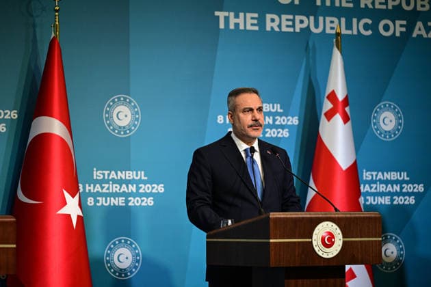 10th Trilateral meeting of the Ministers of Foreign Affairs of Turkiye, Azerbaijan and Georgia ISTANBUL, TURKIYE - JUNE 08: Turkish Foreign Minister Hakan Fidan (seen), Azerbaijani Foreign Minister Jeyhun Bayramov and Georgian Foreign Minister Maka Botchorishvili hold a joint press conference following the 10th Turkiye-Azerbaijan-Georgia Trilateral Meeting of Ministers of Foreign Affairs at Ciragan Palace in Istanbul, Turkiye on June 08, 2026. Oguz Yeter Anadolu Istanbul Turkey. Editorial use only. Please get in touch for any other usage.  Copyright: x2026xAnadoluxOguzxYeterx
