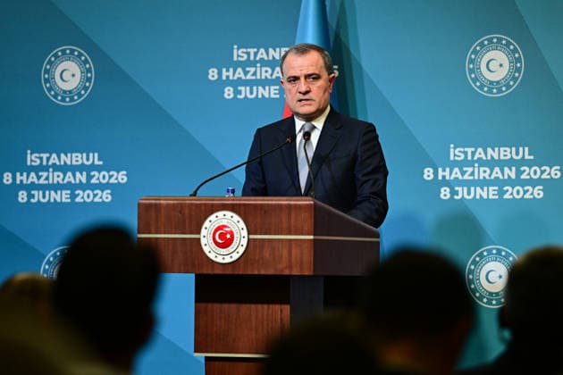 10th Trilateral meeting of the Ministers of Foreign Affairs of Turkiye, Azerbaijan and Georgia ISTANBUL, TURKIYE - JUNE 08: Turkish Foreign Minister Hakan Fidan, Azerbaijani Foreign Minister Jeyhun Bayramov (seen) and Georgian Foreign Minister Maka Botchorishvili (seen) hold a joint press conference following the 10th Turkiye-Azerbaijan-Georgia Trilateral Meeting of Ministers of Foreign Affairs at Ciragan Palace in Istanbul, Turkiye on June 08, 2026. Oguz Yeter Anadolu Istanbul Turkey. Editorial use only. Please get in touch for any other usage.  Copyright: x2026xAnadoluxOguzxYeterx