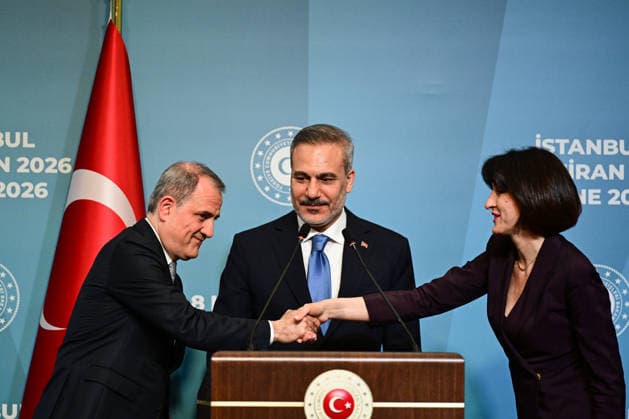 10th Trilateral meeting of the Ministers of Foreign Affairs of Turkiye, Azerbaijan and Georgia ISTANBUL, TURKIYE - JUNE 08: Turkish Foreign Minister Hakan Fidan (C), Azerbaijani Foreign Minister Jeyhun Bayramov (L) and Georgian Foreign Minister Maka Botchorishvili (R) hold a joint press conference following the 10th Turkiye-Azerbaijan-Georgia Trilateral Meeting of Ministers of Foreign Affairs at Ciragan Palace in Istanbul, Turkiye on June 08, 2026. Oguz Yeter Anadolu Istanbul Turkey. Editorial use only. Please get in touch for any other usage.  Copyright: x2026xAnadoluxOguzxYeterx