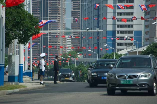 PYONGYANG, NORTH KOREA - JUNE 08: The national flags of North Korea and China are displayed on a street on June 8, 2026 in Pyongyang, North Korea. The Democratic People s Republic of Korea (DPRK) held a grand welcome ceremony for Xi Jinping, general secretary of the Communist Party of China Central Committee and Chinese president, who arrived in Pyongyang on Monday for a state visit.  Copyright: xVCGx 111646932477