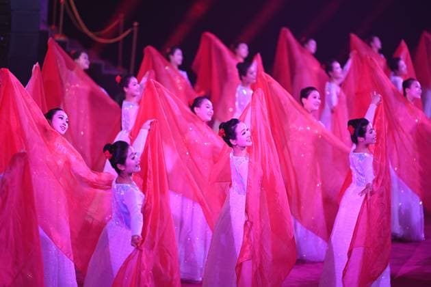 (260608) -- PYONGYANG, June 8, 2026 -- Artists perform during an artistic performance at the Pyongyang Gymnasium in Pyongyang, the Democratic People s Republic of Korea (DPRK), June 8, 2026. Xi Jinping, general secretary of the Communist Party of China Central Committee and Chinese president, and his wife Peng Liyuan, along with Kim Jong Un, general secretary of the Workers Party of Korea and president of the State Affairs of the DPRK, and Kim s wife Ri Sol Ju, watched the performance on Monday evening. ) DPRK-PYONGYANG-CHINA-XI JINPING-ARTISTIC PERFORMANCE YanxYan 