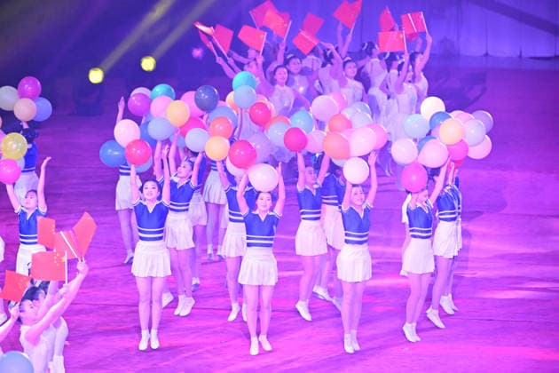 (260608) -- PYONGYANG, June 8, 2026 -- Artists perform during an artistic performance at the Pyongyang Gymnasium in Pyongyang, the Democratic People s Republic of Korea (DPRK), June 8, 2026. Xi Jinping, general secretary of the Communist Party of China Central Committee and Chinese president, and his wife Peng Liyuan, along with Kim Jong Un, general secretary of the Workers Party of Korea and president of the State Affairs of the DPRK, and Kim s wife Ri Sol Ju, watched the performance on Monday evening. ) DPRK-PYONGYANG-CHINA-XI JINPING-ARTISTIC PERFORMANCE LixXiang 
