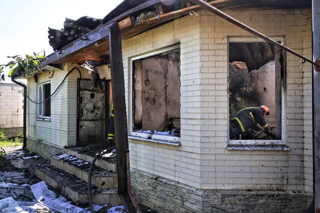 Firefighters work to extinguish a fire in a house caused by a Russian drone attack, Oleksandrivka village, Odesa region, Ukraine, June 8, 2026. (Photo by Nina Liashonok Ukrinform) Russian troops attack Odesa and region with drones  Copyright: xNinaxLiashonokx