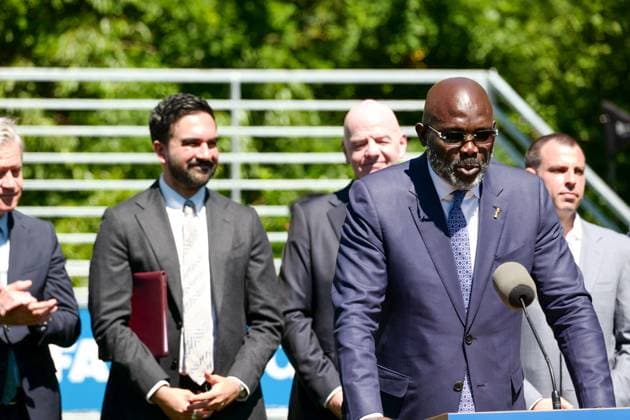 New York, NY- June 8: Governor Hochul and Mayor Mamdani make a World Cup FIFA announcement of a free watch party in Central Park for the FIFA World Cup 2026 Final on Sunday, July 19. With FIFA President Gianni Infantino, George Weah on June 8, 20267 Credit: AdMedia USA  - ZUMAa123 20260608_zaa_a123_273 Copyright: xCamaraxPorterx