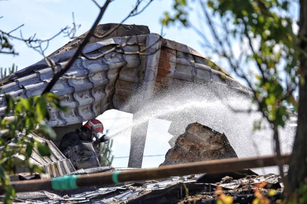 A firefighter extinguishes a fire in a house caused by a Russian drone attack, Oleksandrivka village, Odesa region, Ukraine, June 8, 2026. (Photo by Nina Liashonok Ukrinform) Russian troops attack Odesa and region with drones  Copyright: xNinaxLiashonokx