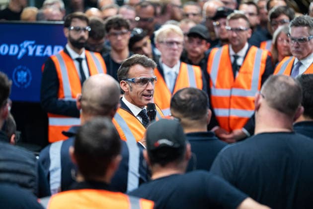 French President Emmanuel Macron visits and delivers a speech in the Goodyear Manufacture , an industrial site specialized in the production of high quality tires Amiens Sud, France Monday, June 8, 2026 Jeanne Accorsini Pool Bestimage Amiens France  Copyright: xJeannexAccorsini Pool BestimagexJeannexAccorsini Pool Bestimagex