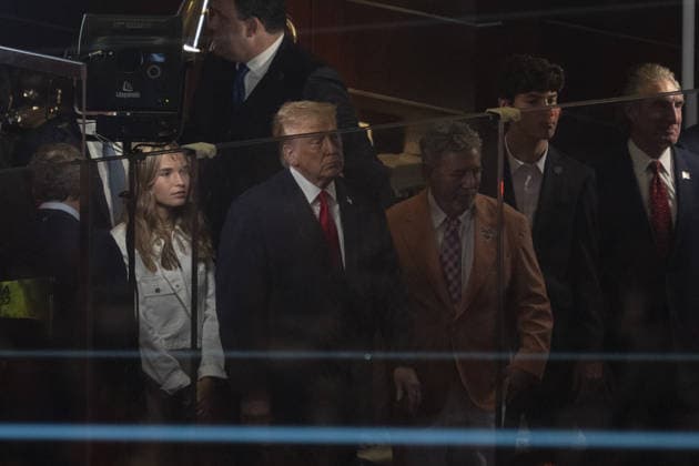 New York Knicks v San Antonio Spurs - NBA Finals NEW YORK, UNITED STATES - JUNE 8: United States President Donald Trump and his grandchildren Kai Madison Trump attend the National Basketball Association (NBA) finals game between the New York Knicks and San Antonio Spurs at the Madison Square Garden in New York, United States on June 8, 2026. Celal Gunes Anadolu New York United States. Editorial use only. Please get in touch for any other usage.  Copyright: x2026xAnadoluxCelalxGunesx