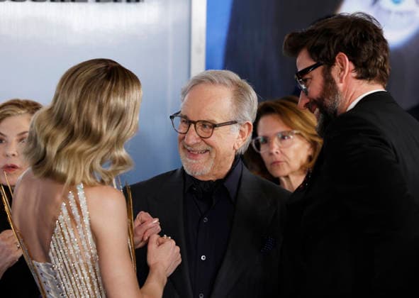 Emily Blunt, Steven Spielberg and John Krasinski arrive on the red carpet at the Disclosure Day New York Premiere at David H. Koch Theater at Lincoln Center on Monday, June 8, 2026 in New York City.  NYP20260608102 JohnxAngelillo