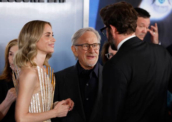 Emily Blunt, Steven Spielberg and John Krasinski arrive on the red carpet at the Disclosure Day New York Premiere at David H. Koch Theater at Lincoln Center on Monday, June 8, 2026 in New York City.  NYP20260608103 JohnxAngelillo