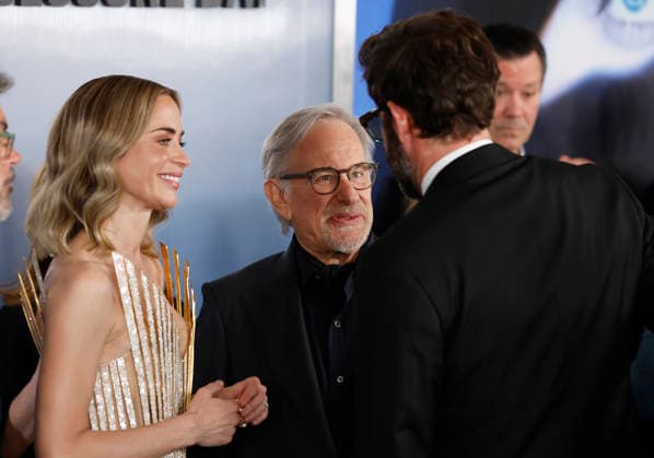 Emily Blunt, Steven Spielberg and John Krasinski arrive on the red carpet at the Disclosure Day New York Premiere at David H. Koch Theater at Lincoln Center on Monday, June 8, 2026 in New York City.  NYP20260608129 JohnxAngelillo