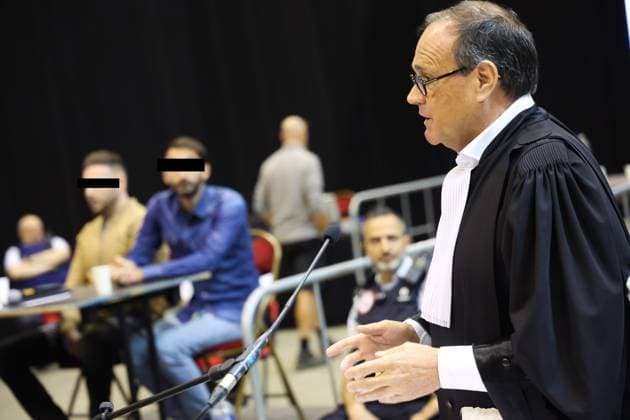 Accused Paolo Falzone and Antonino Falzone and Civil party lawyer Jean-Philippe Mayence pictured during the trial of P. and A. Falzone, at the Court of Appeal of Mons, on Tuesday 09 June 2026. The trial of the two men concerns the 2022 tragedy in Strepy-Bracquegnies, where a car plowed into a carnival parade around 5:00. Six people died at the scene, and a seventh months later in the hospital. P. Falzone is charged with seven murder and 81 attempted murder. A. Falzone with failure to render aid to a person in danger.  VIRGINIExLEFOUR 176776885