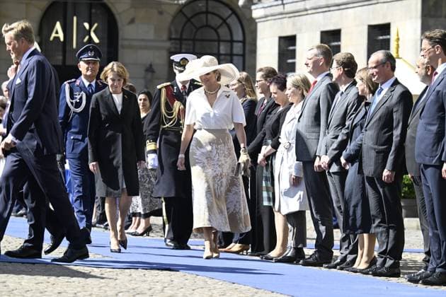 Amsterdam, The Netherlands, 2026-06-09 10:26:42 AMSTERDAM, 09-06-2026, Dam At the invitation of His Majesty King Willem-Alexander and Queen Maxima, the Federal President of Germany, Frank-Walter Steinmeier, is paying a state visit to the Netherlands. He is accompanied by his wife, Elke Büdenbender. PHOTO: NLBeeld Patrick van Emst In the photo: Welcome ceremony - King Willem-Alexander and Queen Maxima officially welcome the German Federal President and Mrs. Büdenbender at Dam Square in Amsterdam. Credit: NL Beeld Patrick van Emst  Copyright: xx x