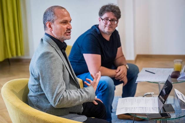 Choreographer and festival founder Jiri Bubenicek, left, and Pavol Juras, festival spokesperson, journalist, and theater critic speak at a press conference for the new dance festival Prague on Point International Ballet Festival, in Prague, Czech Republic, June 9, 2026 (CTKxPhoto VitxSimanek) CTKPhotoP2026060903720  CTKPhotoP2026060903720