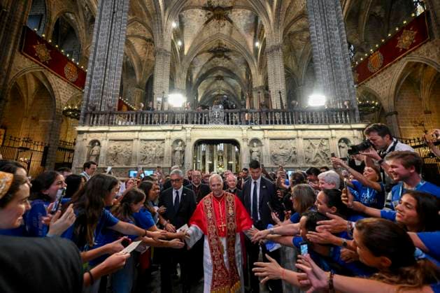 SPAIN - POPE LEO XIV HOLDS A MIDDAY PRAYER IN THE CATHEDRAL OF THE HOLY CROSS AND SAINT EULALIA ON BARCELLONA - 2026 6 9 Spain, Vatican, 2026 6 9 Pope Leo XIV holds a midday prayer in the Cathedral of the Holy Cross and Saint Eulalia in Barcelona EDITORIAL USE ONLY - NO BOOKS Copyright: xVATICANxMEDIA CPPx