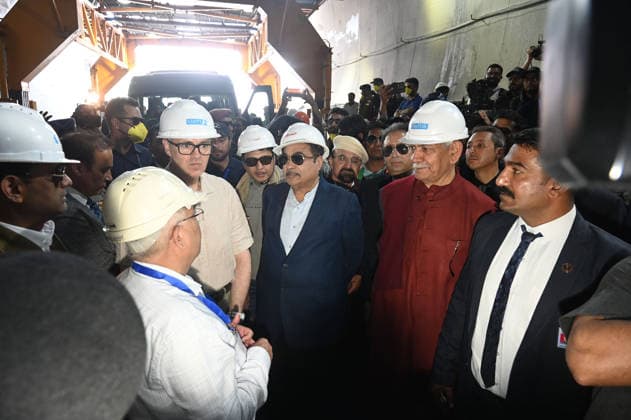 DRASS, INDIA - JUNE 9: Union Minister of Road Transport and Highways, Nitin Gadkari, with Jammu and Kashmir Lieutenant Governor Manoj Sinha and Jammu and Kashmir Chief Minister Omar Abdullah at the historic breakthrough ceremony of the Zojila Tunnel at Meenamarg on June 9, 2026 in Drass, India. Build at the cost of Rs 6000 Cr. the 13.15 KM tunnel is now the world s longest single-tube, bi-directional road tunnel at an elevation exceeding 11,500 feet. The historic breakthrough brings a decades-old national security dream closer to reality. For generations, the treacherous Zojila Pass on National Highway 1 (NH-1) has functioned as a severe logistical bottleneck, shutting down completely for three to four months during peak winter due to heav