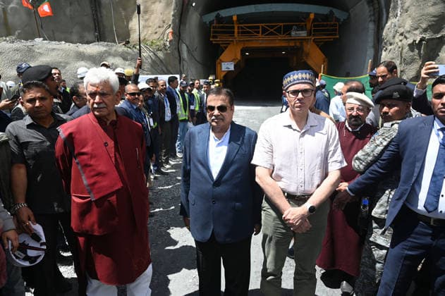 DRASS, INDIA - JUNE 9: Union Minister of Road Transport and Highways, Nitin Gadkari, with Jammu and Kashmir Lieutenant Governor Manoj Sinha and Jammu and Kashmir Chief Minister Omar Abdullah at the historic breakthrough ceremony of the Zojila Tunnel at Meenamarg on June 9, 2026 in Drass, India. Build at the cost of Rs 6000 Cr. the 13.15 KM tunnel is now the world s longest single-tube, bi-directional road tunnel at an elevation exceeding 11,500 feet. The historic breakthrough brings a decades-old national security dream closer to reality. For generations, the treacherous Zojila Pass on National Highway 1 (NH-1) has functioned as a severe logistical bottleneck, shutting down completely for three to four months during peak winter due to heav