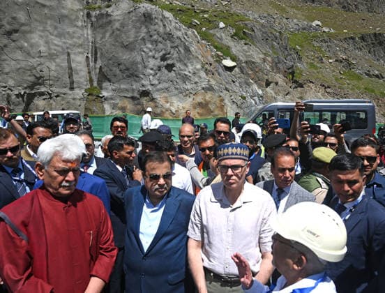 DRASS, INDIA - JUNE 9: Union Minister of Road Transport and Highways, Nitin Gadkari, with Jammu and Kashmir Lieutenant Governor Manoj Sinha and Jammu and Kashmir Chief Minister Omar Abdullah at the historic breakthrough ceremony of the Zojila Tunnel at Meenamarg on June 9, 2026 in Drass, India. Build at the cost of Rs 6000 Cr. the 13.15 KM tunnel is now the world s longest single-tube, bi-directional road tunnel at an elevation exceeding 11,500 feet. The historic breakthrough brings a decades-old national security dream closer to reality. For generations, the treacherous Zojila Pass on National Highway 1 (NH-1) has functioned as a severe logistical bottleneck, shutting down completely for three to four months during peak winter due to heav