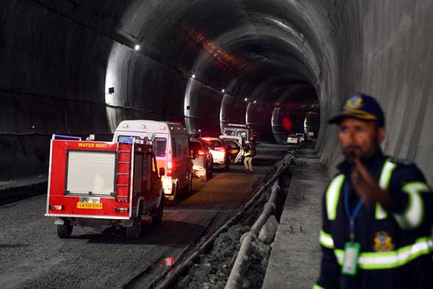 Final Breakthrough Ceremony of the Zojila Tunnel Kargil Ladakh , Jun 09 (ANI): Vehicles pass through during the final breakthrough ceremony of the world s longest single-tube bidirectional Zojila Tunnel, graced by Union Road Transport and Highways Minister Nitin Gadkari (unseen) at Minamarg, in Kargil on Tuesday. Kargil Ladakh India Copyright: xANIx ANI_20260609054