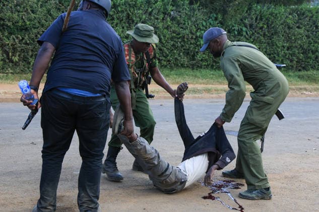 Protest held in Kenya against planned U.S. Ebola quarantine facility NANYUKI, KENYA - JUNE 09: A protester collapses to the ground after being injured in the head as Kenyan police use water cannons and tear gas against demonstrators in Nanyuki, central Kenya on June 09, 2026. Dozens gathered to protest a planned Ebola quarantine facility for U.S. citizens, blocking a road and setting fires before police intervened. Lucas Mukasa Anadolu Nanyuki Kenya. Editorial use only. Please get in touch for any other usage.  Copyright: x2026xAnadoluxLucasxMukasax
