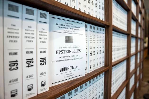 Bound pages of the Epstein Files are seen in a pop-up exhibit The Donald J. Trump and Jeffrey Epstein Memorial Reading Room in Washington, DC on Tuesday, June 9, 2026. The traveling exhibit, run by The Institute of Primary Facts, includes 3,437 bound volumes of documents and photographs released by the Department of Justice on convicted sex-offender Jeffrey Epstein, who died in 2019.  WAP20260609397 BONNIExCASH