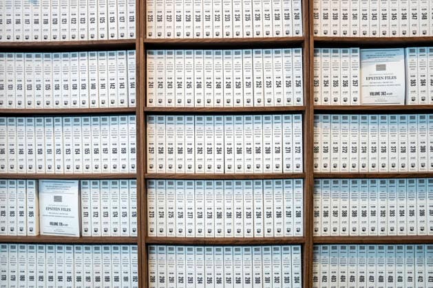 Bound pages of the Epstein Files are seen in a pop-up exhibit The Donald J. Trump and Jeffrey Epstein Memorial Reading Room in Washington, DC on Tuesday, June 9, 2026. The traveling exhibit, run by The Institute of Primary Facts, includes 3,437 bound volumes of documents and photographs released by the Department of Justice on convicted sex-offender Jeffrey Epstein, who died in 2019.  WAP20260609396 BONNIExCASH