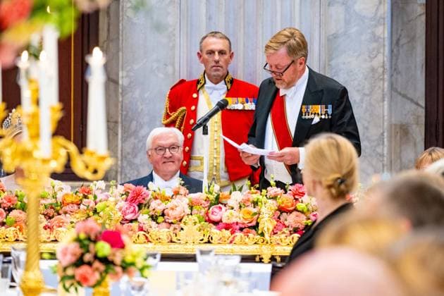 Dutch Royals receive Germany for state visit, day 1, Amsterdam, Netherlands - 9 Jun 2026 King Willem-Alexander, Federal President Frank-Walter Steinmeier at the state banquet at the Royal Palace in Amsterdam, on the first day of the three day state visit from the German President to the Netherlands. Amsterdam The Netherlands  Copyright: xMischaxSchoemakerx