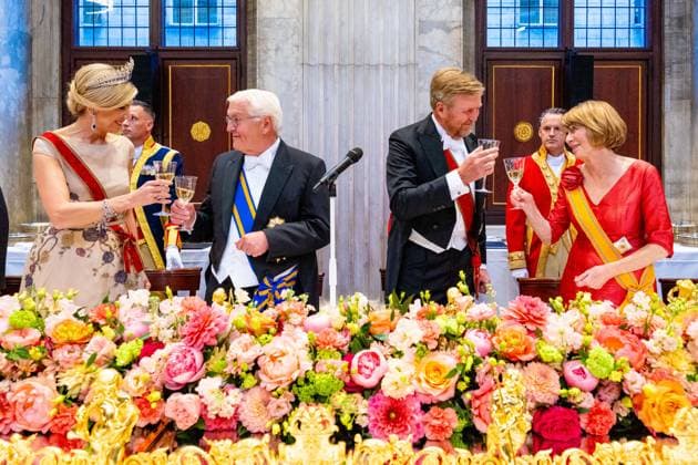 Dutch Royals receive Germany for state visit, day 1, Amsterdam, Netherlands - 9 Jun 2026 King Willem-Alexander, Queen Maxima, Federal President Frank-Walter Steinmeier, Elke Budenbender at the state banquet at the Royal Palace in Amsterdam, on the first day of the three day state visit from the German President to the Netherlands. Amsterdam The Netherlands  Copyright: xMischaxSchoemakerx