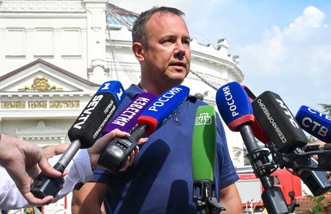Russia Ukraine Drone Attack 9187351 10.06.2026 Director of the Defence of Sevastopol 1854-1855 panorama museum Mikhail Smorodkin talks to the media outside the museum, in Sevastopol, Republic of Crimea, Russia. Earlier in the day, Sevastopol Governor Mikhail Razvozhayev said that a Ukrainian fixed-wing drone had struck the building of the museum during the night. A masterpiece by Franz Roubaud housed in the museum has been nearly destroyed, the official said. Konstantin Mihalchevskiy Sputnik Sevastopol Russia  Copyright: xKonstantinxMihalchevskiyx