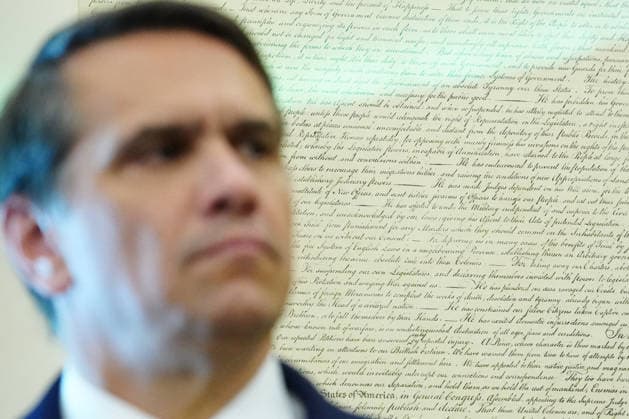 Trump During a Signing Ceremony for the Secure America Act - Washington Todd Blanche, acting US attorney general, in front of a copy of the US Declaration of Independence during a signing ceremony for the Secure America Act in the Oval Office of the White House in Washington, DC, US, on Wednesday, June 10, 2026. The SAVE America Act requires proof of citizenship to register to vote. Photo by Aaron Schwartz Pool ABACAPRESS.COM  Copyright: xPool ABACAx