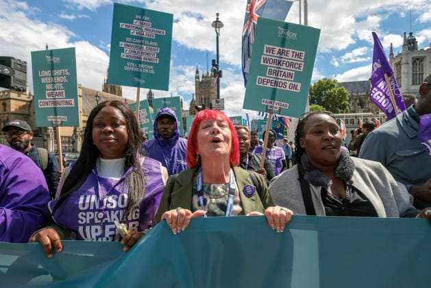 News Bilder des Tages . 10 06 2026. London, United Kingdom. UNISON Visa Protest. General Secretary of UNISON marches on Westminster over broken promise to care workers. The day of action marks a significant escalation in the union™s Fair Visa Campaign, by taking it directly to Downing Street and the Home Office for the first time.  xMartynxWheatleyx xi-Imagesx IIM-26823-0001