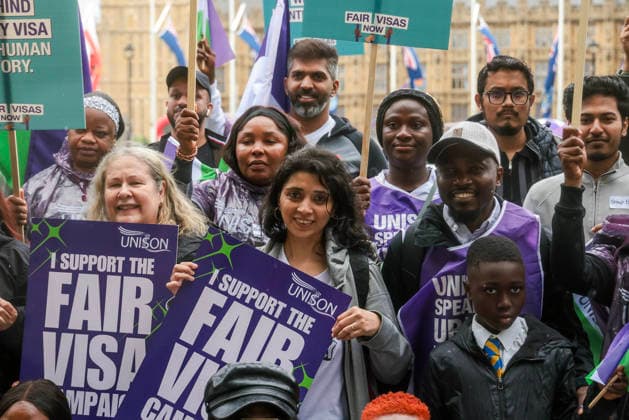 . 10 06 2026. London, United Kingdom. UNISON Visa Protest. UNISON marches on Westminster over broken promise to care workers. The day of action marks a significant escalation in the union™s Fair Visa Campaign, by taking it directly to Downing Street and the Home Office for the first time.  xMartynxWheatleyx xi-Imagesx IIM-26823-0004