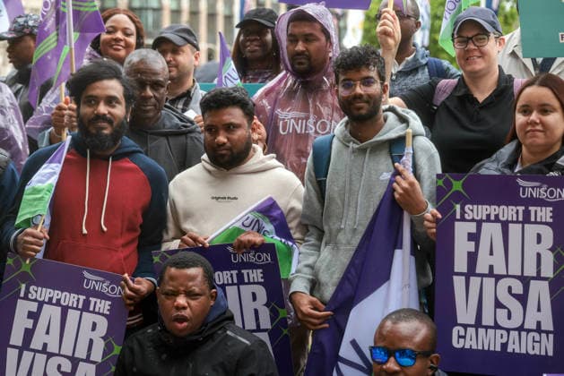 . 10 06 2026. London, United Kingdom. UNISON Visa Protest. UNISON marches on Westminster over broken promise to care workers. The day of action marks a significant escalation in the union™s Fair Visa Campaign, by taking it directly to Downing Street and the Home Office for the first time.  xMartynxWheatleyx xi-Imagesx IIM-26823-0005