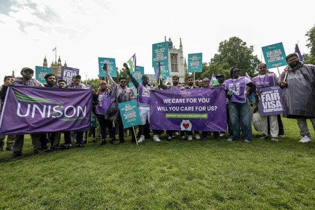 . 10 06 2026. London, United Kingdom. UNISON Visa Protest. UNISON marches on Westminster over broken promise to care workers. The day of action marks a significant escalation in the union™s Fair Visa Campaign, by taking it directly to Downing Street and the Home Office for the first time.  xMartynxWheatleyx xi-Imagesx IIM-26823-0016
