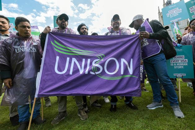 . 10 06 2026. London, United Kingdom. UNISON Visa Protest. UNISON marches on Westminster over broken promise to care workers. The day of action marks a significant escalation in the union™s Fair Visa Campaign, by taking it directly to Downing Street and the Home Office for the first time.  xMartynxWheatleyx xi-Imagesx IIM-26823-0018