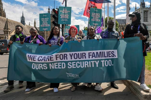 . 10 06 2026. London, United Kingdom. UNISON Visa Protest. UNISON marches on Westminster over broken promise to care workers. The day of action marks a significant escalation in the union™s Fair Visa Campaign, by taking it directly to Downing Street and the Home Office for the first time.  xMartynxWheatleyx xi-Imagesx IIM-26823-0020