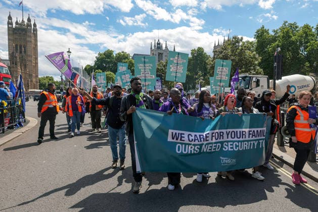 . 10 06 2026. London, United Kingdom. UNISON Visa Protest. UNISON marches on Westminster over broken promise to care workers. The day of action marks a significant escalation in the union™s Fair Visa Campaign, by taking it directly to Downing Street and the Home Office for the first time.  xMartynxWheatleyx xi-Imagesx IIM-26823-0021