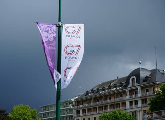 Evian-les-Bains makes final preparations ahead of upcoming G7 summit EVIAN-LES-BAINS, FRANCE - MAY 18: A view G7 posters on the streets, as the French lakeside resort of Evian-les-Bains makes final preparations to host leaders of the Group of Seven (G7) nations in Evian-les-Bains, France, on June 10, 2026. The summit, scheduled for June 15-17 on the shores of Lake Geneva, will bring together the heads of state and government of Canada, France, Germany, Italy, Japan, the United Kingdom, and the United States, alongside senior representatives of the European Union. Stringer Anadolu Evian-les-Bains France. Editorial use only. Please get in touch for any other usage.  Copyright: x2026xAnadoluxStringerx