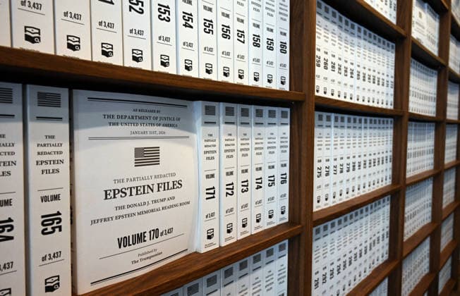 Trump Epstein Memorial Reading Room in Washington, DC Thousands of volumes of the Epstein files line the shelves at the Donald J. Trump and Jeffrey Epstein Memorial Reading Room, on June 10, 2026 in Washington, DC. The Reading Room is a temporary gallery where all of the Epstein-related documents released by the Department of Justice are in print. The room also contains a tribute to victims, artwork by survivor Maria Farmer, and a wall for visitors to leave their thoughts and reactions. Photo by Olivier Douliery ABACAPRESS.COM Washington DC United States  Copyright: xDoulieryxOlivier ABACAx
