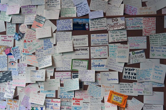 Trump Epstein Memorial Reading Room in Washington, DC Some of the messages left by visitors are displayed at the Donald J. Trump and Jeffrey Epstein Memorial Reading Room, on June 10, 2026 in Washington, DC. The Reading Room is a temporary gallery where all of the Epstein-related documents released by the Department of Justice are in print. The room also contains a tribute to victims, artwork by survivor Maria Farmer, and a wall for visitors to leave their thoughts and reactions. Photo by Olivier Douliery ABACAPRESS.COM Washington DC United States  Copyright: xDoulieryxOlivier ABACAx