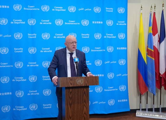 Ambassador Nebenzia addresses the press at the UN Security Council media stakeout NEW YORK, UNITED STATES - JUNE 10: Ambassador Vassily Nebenzia, Permanent Representative of the Russian Federation to the United Nations, holds a press briefing at the UN Security Council Media Stakeout at the UN Headquarters on June 10, 2026, in New York City, U.S. Selcuk Acar Anadolu New York United States. Editorial use only. Please get in touch for any other usage.  Copyright: x2026xAnadoluxSelcukxAcarx