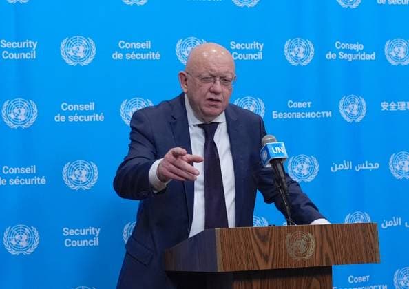 Ambassador Nebenzia addresses the press at the UN Security Council media stakeout NEW YORK, UNITED STATES - JUNE 10: Ambassador Vassily Nebenzia, Permanent Representative of the Russian Federation to the United Nations, holds a press briefing at the UN Security Council Media Stakeout at the UN Headquarters on June 10, 2026, in New York City, U.S. Selcuk Acar Anadolu New York United States. Editorial use only. Please get in touch for any other usage.  Copyright: x2026xAnadoluxSelcukxAcarx