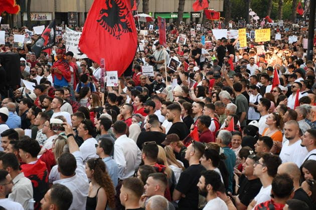 Protests against the Vlora tourism project continue in Albania TIRANA, ALBANIA - JUNE 10: People stage a protest against a planned tourism project in the Zvernec area of Avlonya (Vlora) as they gather at Skanderbeg Square in Tirana, Albania on June 10, 2026. Olsi Shehu Anadolu Tirana Albania. Editorial use only. Please get in touch for any other usage.  Copyright: x2026xAnadoluxOlsixShehux