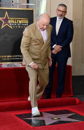 Chris Meledandri, CEO, Illumination (L) steps on his star as actor Steve Carell looks during an unveiling ceremony honoring him with the 2,848th star on the Hollywood Walk of Fame in Los Angeles on Wednesday, June 10, 2026.  LAP2026061003 JIMxRUYMEN